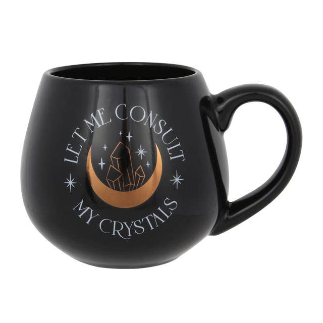 Tasse ronde noire « Let Me Consult My Crystals » avec design cristal et lune dorée - Miss Lili's Boutique