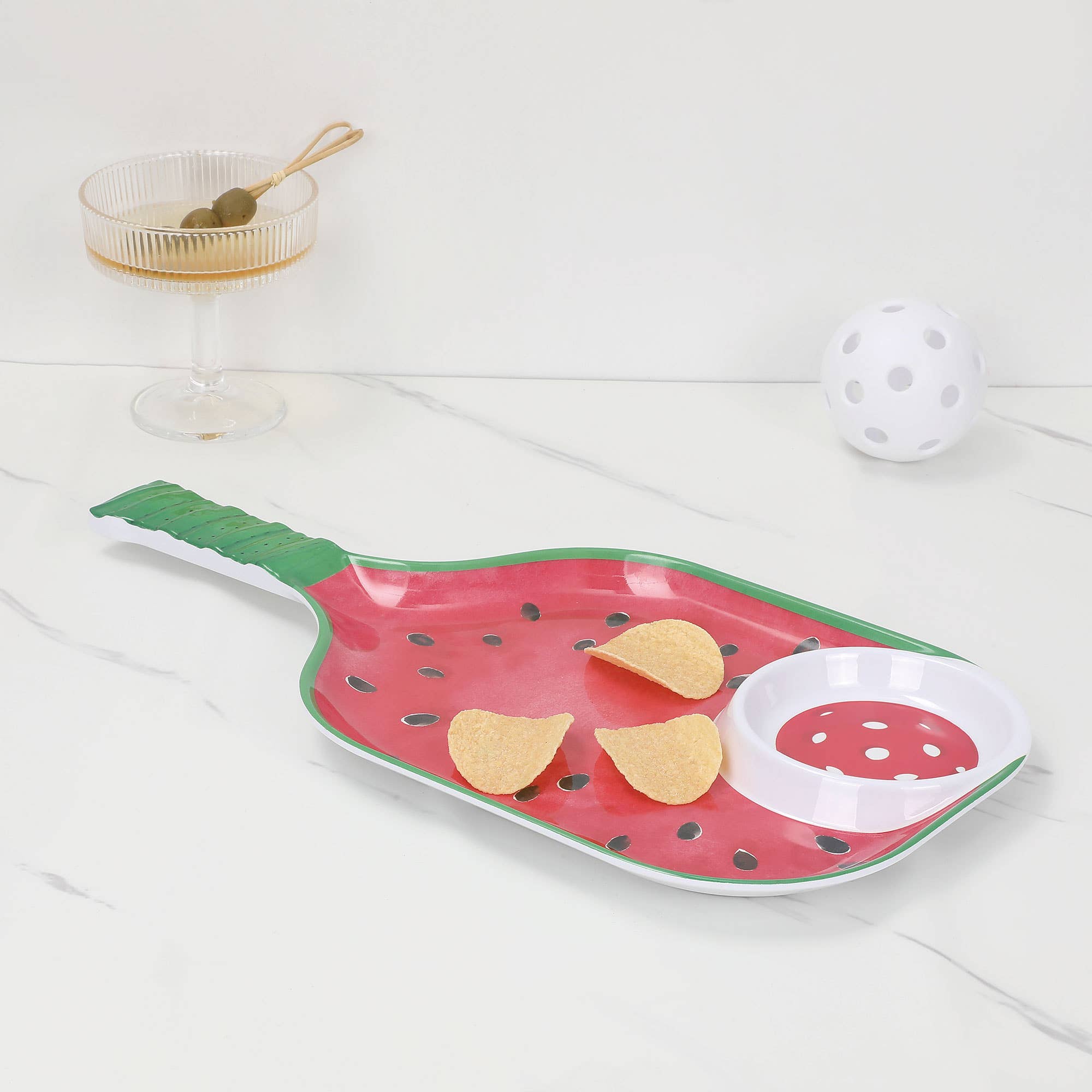 Plateau à trempette et chips en mélamine en forme de pagaie pastèque 15 3/4" - Miss Lili's Boutique