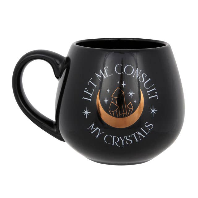 Tasse ronde noire « Let Me Consult My Crystals » avec design cristal et lune dorée - Miss Lili's Boutique